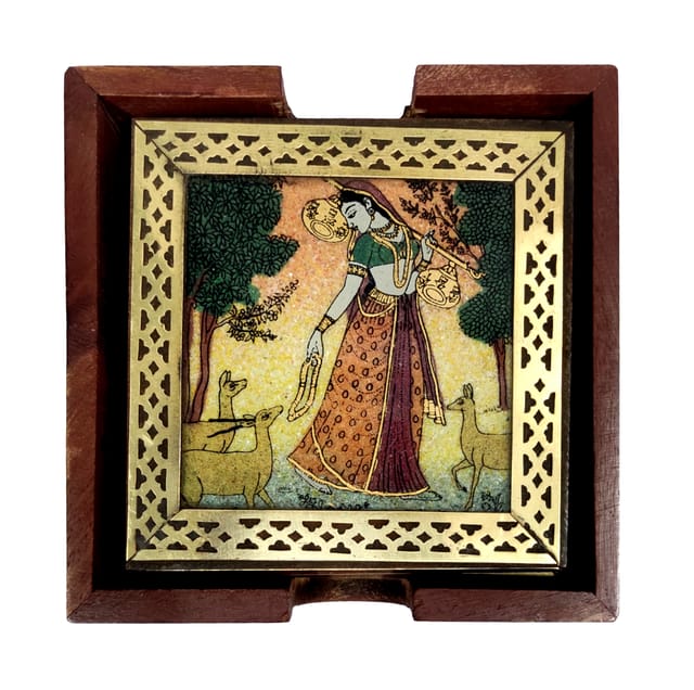 Pinewood Gemstone Coasters (Set of 6): Ragini, Indian Rajasthani Belle (10716B)