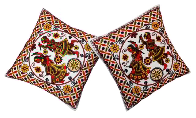 Cotton Throw Pillow Cushion Covers 'LoveSong': Ethnic Design Embroidery, Set Of 2, 16 Inches (12445K)