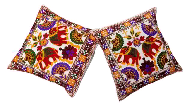 Cotton Throw Pillow Cushion Covers 'Royal Elephants': Ethnic Design Embroidery, Set Of 2, 16 Inches (12445A)