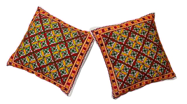Cotton Throw Pillow Cushion Covers 'Rangoli': Ethnic Design Embroidery, Set Of 2, 16 Inches (12445N)