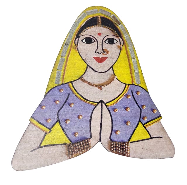 Wooden Fridge Magnet: Indian Folk Lady With Folded Hands Greeting Namaste Namaskar Welcome (12722G)