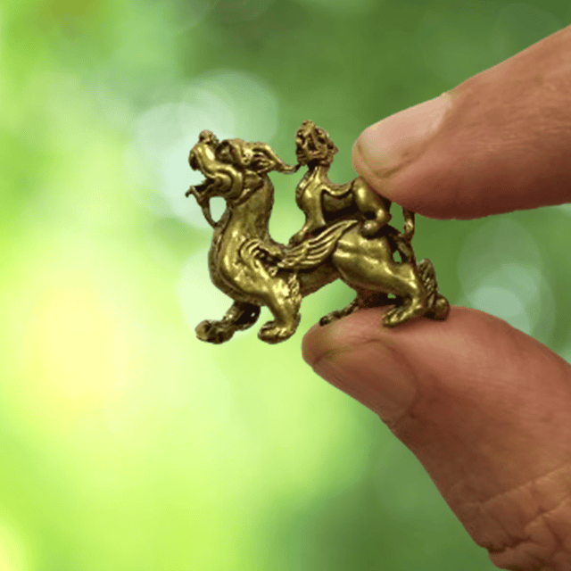 Rare Miniature Brass Figurine Pi Yao Chinese Dragon Mother & Child : Collectible Statue With Detailed Very Fine Workmanship (12699N)