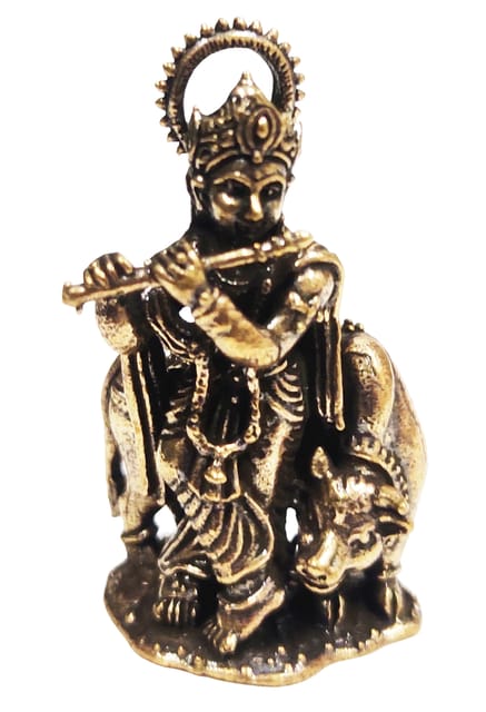 Rare Miniature Brass Idol Krishna Playing Flute With Kamdhenu Cow: Collectible Statue With Detailed Fine Workmanship (12698Z38)