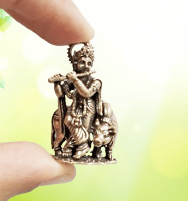Rare Miniature Brass Idol Krishna Playing Flute With Kamdhenu Cow: Collectible Statue With Detailed Fine Workmanship (12698Z38)