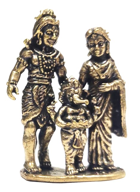 Rare Miniature Brass Idol Standing Lord Shiva Family (Mahadev, Parvati & Ganesha): Collectible Statue With Detailed Fine Workmanship (12698Z40)