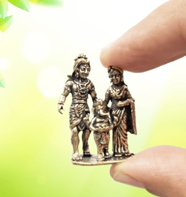 Rare Miniature Brass Idol Standing Lord Shiva Family (Mahadev, Parvati & Ganesha): Collectible Statue With Detailed Fine Workmanship (12698Z40)