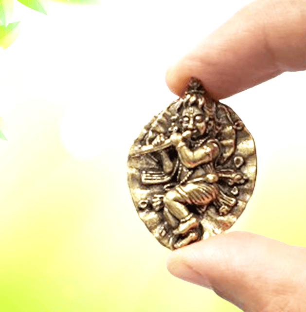 Rare Miniature Brass Idol Bal Gopal Krishna Playing Flute On A Leaf: Collectible Statue With Detailed Fine Workmanship (12698Z41)