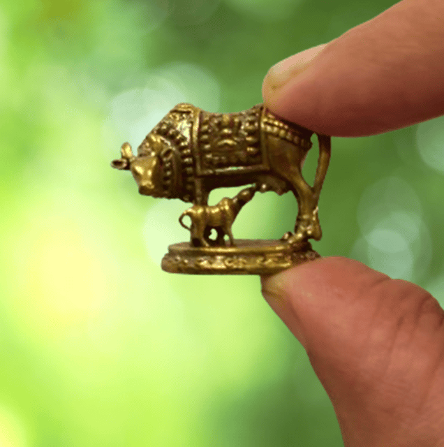 Rare Miniature Brass Idol Kamdhenu Cow & Calf Collectible Statue With Detailed Very Fine Workmanship (12698R)