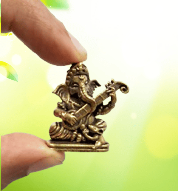 Rare Miniature Brass Idol Ganesha Playing Sitar Or Veena: Collectible Statue With Detailed Very Fine Workmanship  (12698Z11)