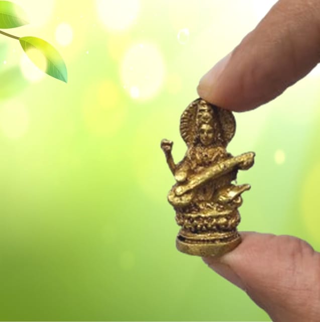 Rare Miniature Brass Idol Saraswati (Saraswathi), Hindu Goddess Of Knowledge, Music & Arts: Unique Collectible Gold Finish  Statue (11902)