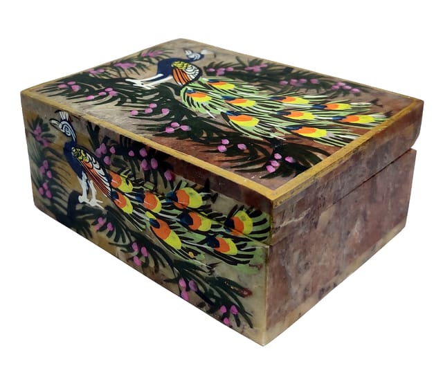 Stone Decorative Box 'Festive Peacocks': Hand Painted Intricate Design Case For Holding Jewellery, Bills, Or Makeup&nbsp;(12679D)