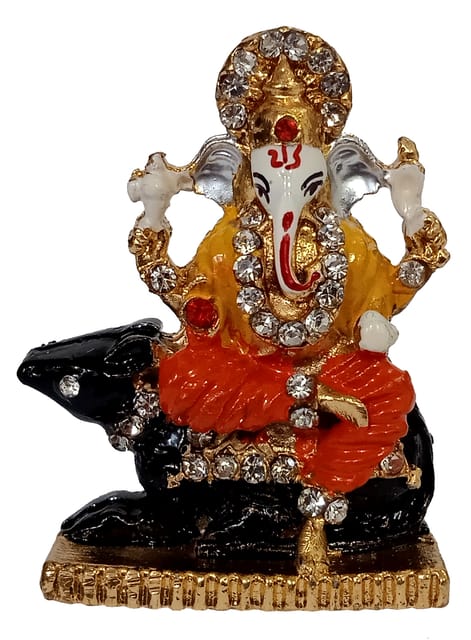 Metal Idol Ganesha On Mooshak Chariot: Ganapathi Statue for Home Temple (12393A)