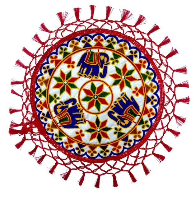 Cotton Table Cloth Plate Cover Thaal Posh: Elephant Embroidery Design Decorative Mat (12687B)