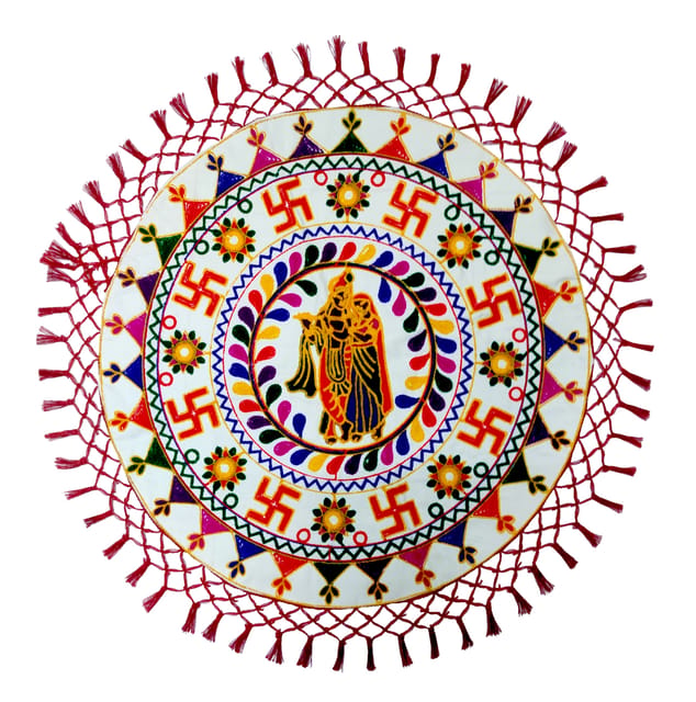 Cotton Table Cloth Plate Cover 'Radha Krishna': Spiritual Embroidery Design Decorative Mat (12687E)