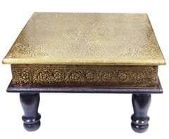 Wooden Bajot Chowki With Brass Sheet Cover: Vintage Design Low Table Stool, 12 Inches (10757)